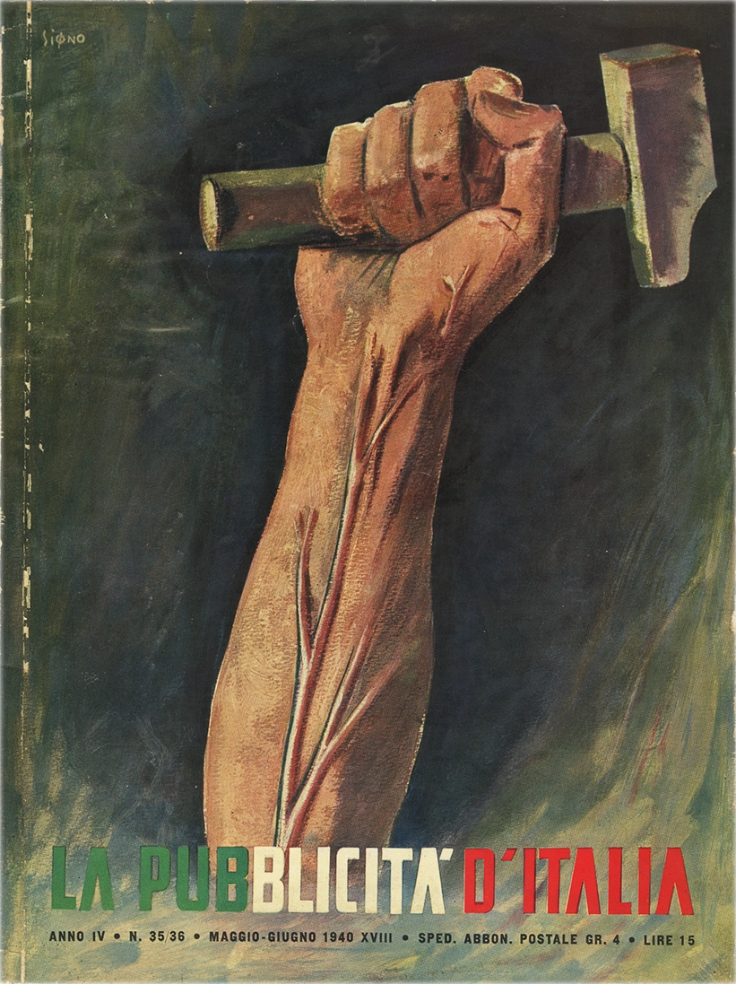 La Pubblicità d’Italia – N. 35-36 / 1939, S.A.M.E. - Società Anonima Milanese Editrice, Rivista mensile che tratta i temi della pubblicità, propaganda e comunicazione visiva nell’Italia fascista. Organo ufficiale del Sindacato Nazionale Fascista delle Agenzie e Case di Pubblicità, si propone di diffondere le linee guida estetiche e ideologiche del regime attraverso l’analisi e la promozione delle tecniche pubblicitarie moderne. Direttore Responsabile: Ugo Zampieri. Comitato di Direzione: Umberto Alberici, Ermanno Amicucci, Giovanni Banelli, Niccolò Castellino, Roberto Farinacci, Umberto Guglielmotti, Edoardo Malusardi, Alessandro Pavolini, Giorgio Molfino, Giorgio Pini.