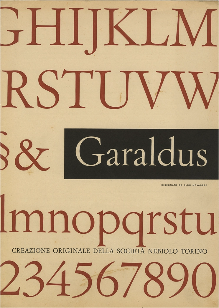 Specimen per il carattere serif Garaldus, Serie tonda neretta normale, di Aldo Novarese per Nebiolo, pubblicato 1957.