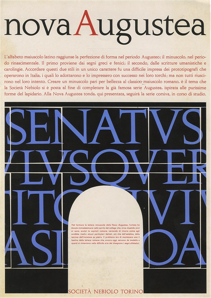 Specimen Nova Augustea, carattere serif lapidario, di Aldo Novarese per Nebiolo, pubblicato nel 1964.