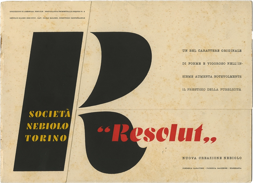 Specimen Resolut, carattere fantasie, della Fonderia Nebiolo, publicato nel 1939. Specimen per il carattere tipografico 
