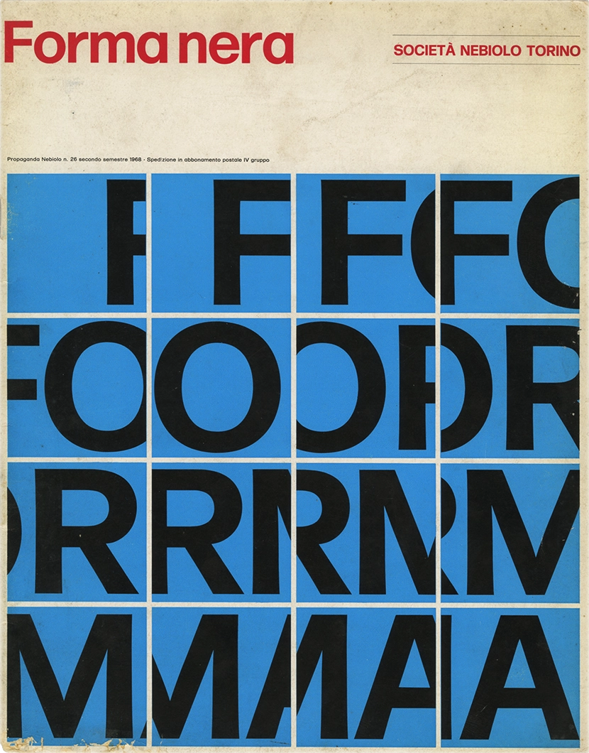 Specimen Forma nera, carattere serif, di A. Novarese; F. Grignani; G. Iliprandi; B. Munari; I. Negri; T. Neuburg; L. Oriani; P. Tovaglia per Nebiolo, pubblicato nel 1968.