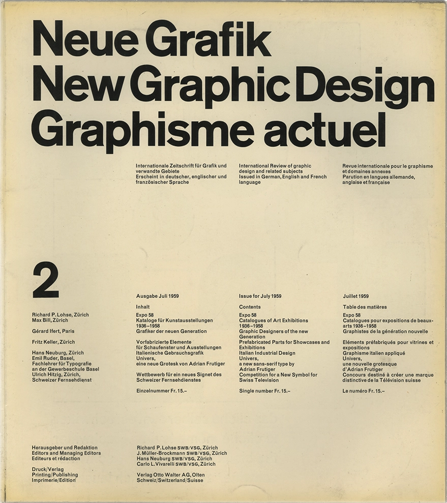 Neue Grafik n.2, International Review of graphic design and related subjects, R. P. Lohse; J. Muller-Brockmann; H. Neuburg; C. L. Vivarelli, Hans Neuburg, 1959, Verlag Otto Walter.