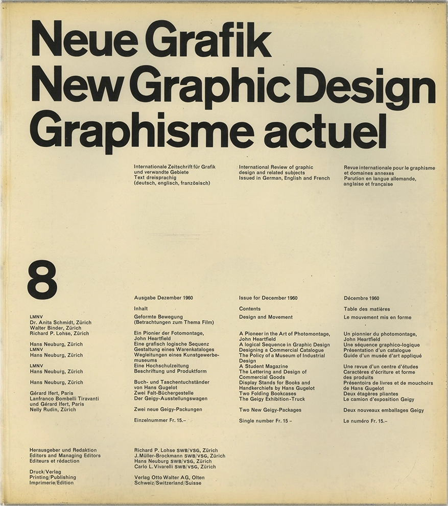 Neue Grafik n.8, International Review of graphic design and related subjects, R. P. Lohse; J. Muller-Brockmann; H. Neuburg; C. L. Vivarelli, Hans Neuburg, 1960, Verlag Otto Walter. L’ottavo numero di Neue Grafik approfondisce il rapporto tra design e movimento, esplorando nuove modalità espressive e funzionali nella progettazione grafica. Si apre con un articolo dedicato al design cinetico, che analizza il ruolo del movimento nella comunicazione visiva e nella percezione dinamica della grafica. Un altro contributo è dedicato ai pionieri del fotomontaggio, con particolare attenzione all’opera di John Heartfield, figura chiave nell’uso dell’immagine come strumento critico e politico. Il numero include inoltre un saggio sul design commerciale, che esamina la progettazione di cataloghi e materiali promozionali, evidenziando l’importanza della struttura logica e dell’efficacia comunicativa.