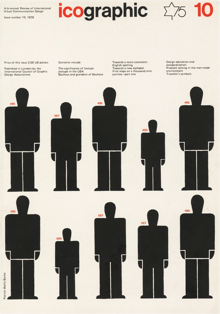 Icographic 10, A bi-annual Review of International Visual Communication Design, Patrick Wallis Burke, 1976, The International Council of Graphic Design Associations. Rivista internazionale di ricerca visiva, concepita come piattaforma di studio e diffusione delle pratiche grafiche e semiotiche legate alla comunicazione visiva. La rivista Icographic ha pubblicato 14 numeri (l'ultimo è un numero doppio: 14/15), tra il 1971 e il 1979.