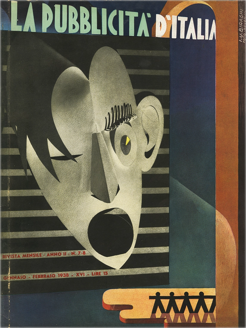 La Pubblicità d’Italia – N. 7-8 / 1938, S.A.M.E. - Società Anonima Milanese Editrice, Rivista mensile che tratta i temi della pubblicità, propaganda e comunicazione visiva nell’Italia fascista. Organo ufficiale del Sindacato Nazionale Fascista delle Agenzie e Case di Pubblicità, si propone di diffondere le linee guida estetiche e ideologiche del regime attraverso l’analisi e la promozione delle tecniche pubblicitarie moderne. Direttore Responsabile: Ugo Zampieri. Comitato di Direzione: Ermanno Amicucci, Giovanni Banelli, Niccolò Castellino, Roberto Farinacci, Umberto Guglielmotti, Edoardo Malusardi, Alessandro Pavolini.
