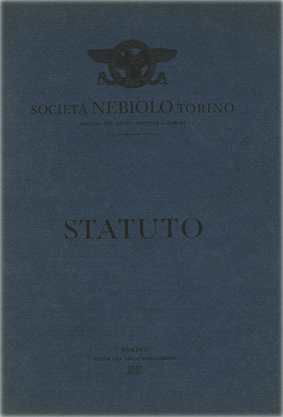 Statuto, 1939. Documento della Società Nebiolo, statuto del 1939. La Società Nebiolo è stata fondata a Torino nel 1880. Si è specializzata in caratteri tipografici e macchine da stampa. Tra il 1908 e il 1918 ha operato come Società Augusta e successivamente si è fusa con Urania, mantenendo il nome Nebiolo & Comp. Ha cessato l’attività nel 1993.
