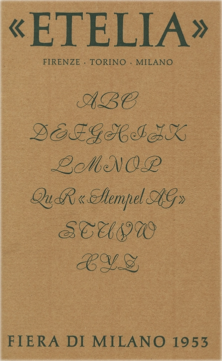 Etelia / 1953 / D. STEMPEL AG / Opuscolo di n. 16 pagine + copertina editoriale a colori ( stampa verde su fondo beige), formato chiuso (125 x 205), stampato in bicromia (nero e bordeaux su fondo bianco) su carta uso mano, confezione a n. 2 punti metallici.