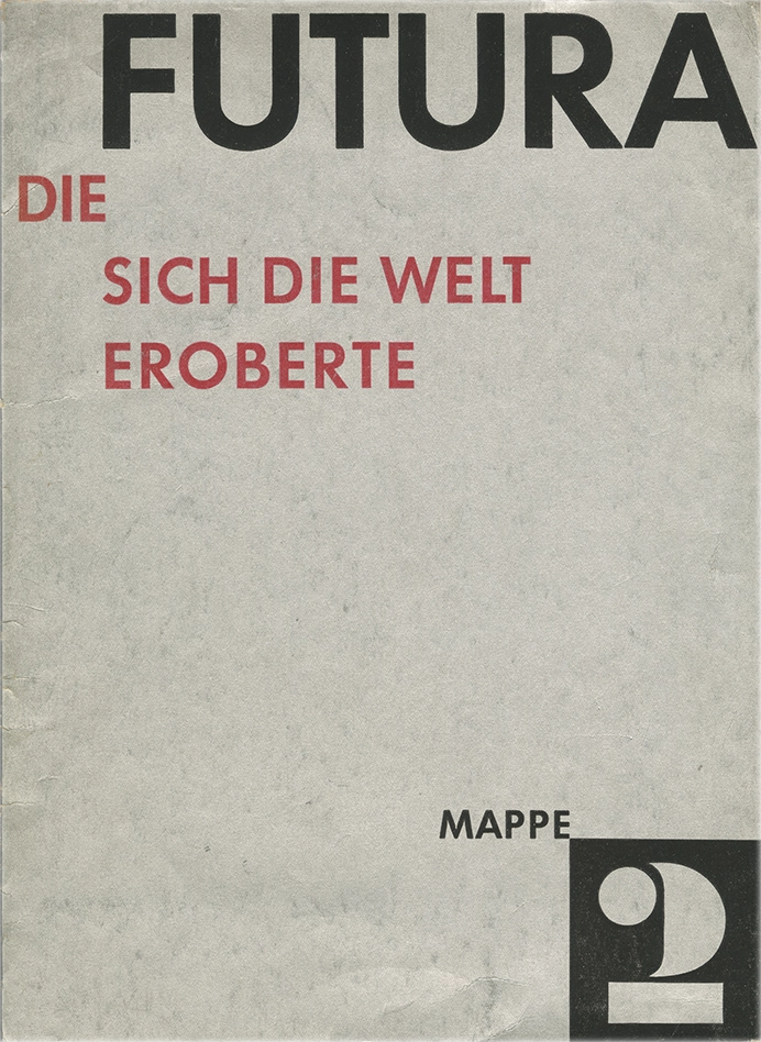 Specimen carattere “Futura” / Die sich die welt eroberte - Mappe 2 / Paul Renner / 1930 / Bauersche Giesserei - Francoforte sul Meno /Copertina con titoli in nero e arancio su fondo argentato. Secondo catalogo generale del carattere 