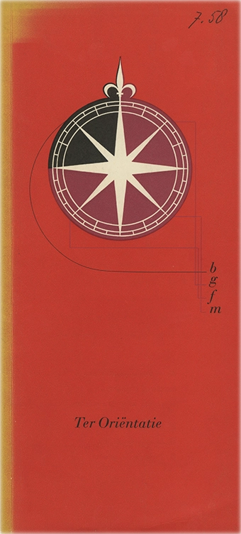 Ter Oriëntatie / 1958 / Winkler Fallert & Co. - Bauersche Giesserei / Opuscolo di n. 64 pagine + copertina editoriale a colori, formato chiuso (98 x 214), stampato in bicromia (nero e rosso su fondo bianco) su carta uso mano, confezione brossura.