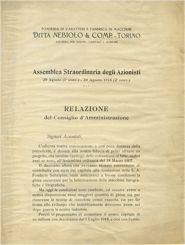 Assemblea Generale Straordinaria degli Azionisti / 1918 / Società Nebiolo / Documento della Società Nebiolo, report dell’assemblea generale straordinaria degli azionisti del 29-30 agosto 1918.